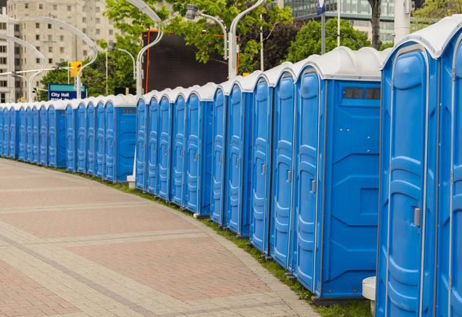 hygienic portable restrooms lined up at a beach party, ensuring guests have access to the necessary facilities while enjoying the sun and sand in Ada, MI